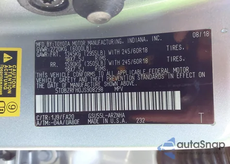 2018 Toyota Highlander Le Plus from USA, damaged, VIN 5TDBZRFH0JS908298